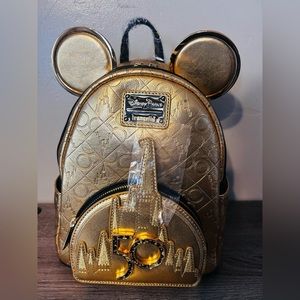 Walt Disney World 50th Anniversary Genuine Leather 24k Gold Loungefly Backpack